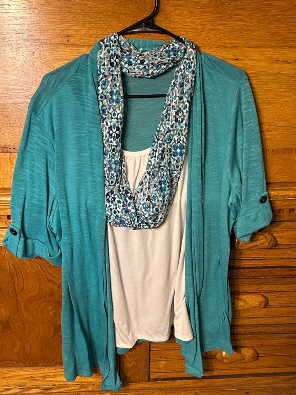 Kim Rogers Roll-Tab Sleeve Teal Cardigan with Scarf Spring Everydaywear